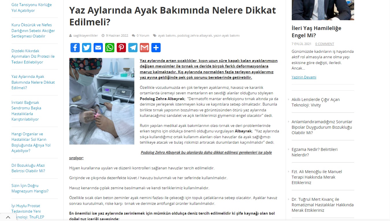 sağlıkta yenilikler, pedicare, basında biz, podolog, zehra albayrak